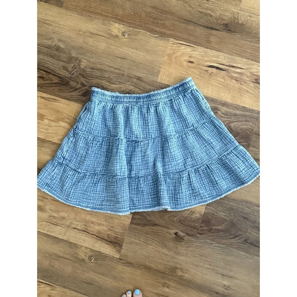 Aerie Tiered Crinkle Gauze Mini‎ Skirt Light Blue Drawstring Elastic Waist M
